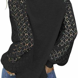 Women Long Sleeve Tops Lace Casual Loose Blouses T Shirts Round Neck Stitching